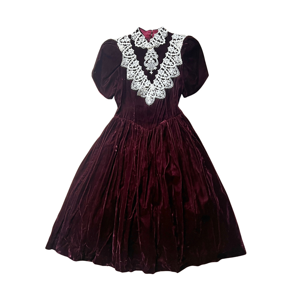 Vtg 80s Jessica McClintock Girls Velvet Dress 8 Burgundy Ren Faire Goth Holiday